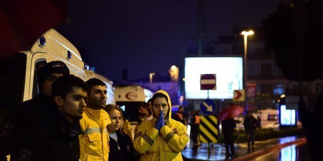 A first aid officer reacts at the site of an armed attack January 1, 2017 in Istanbul.At least two people were killed in an armed attack Saturday on an Istanbul nightclub where people were celebrating the New Year, Turkish television reports said. / AFP / YASIN AKGUL (Photo credit should read YASIN AKGUL/AFP/Getty Images)