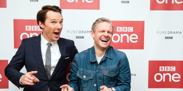 LONDON, ENGLAND - DECEMBER 19: (L-R) Benedict Cumberbatch and Martin Freeman attend a screening of the Sherlock 2016 Christmas Special at Ham Yard Hotel on December 19, 2016 in London, England. (Photo by Jeff Spicer/Getty Images)