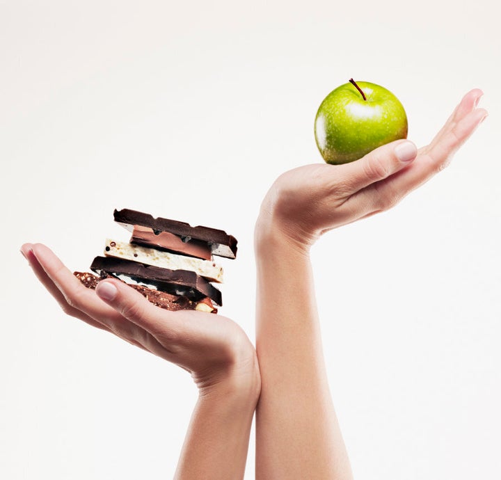 Day one snack: apple. Day seven snack: a block of chocolate.