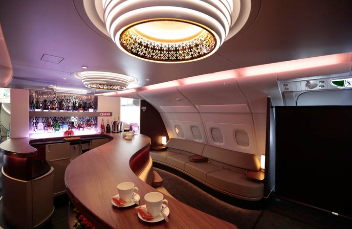 The First Class passenger bar inside an Airbus SAS A380 aircraft, operated by Qatar Airways.