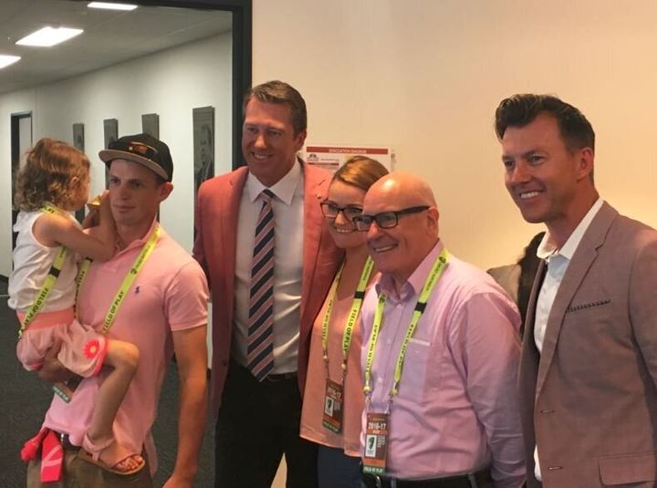 Brett Lee looked dashing in what we'd call a cinnamon pink blazer. Is that even a colour? Where's the lifestyle editor when you need her?