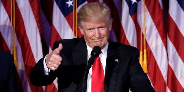 U.S. President-elect Donald Trump gestures as he speaks at election night rally in Manhattan, New York, U.S., November 9, 2016. REUTERS/Mike Segar