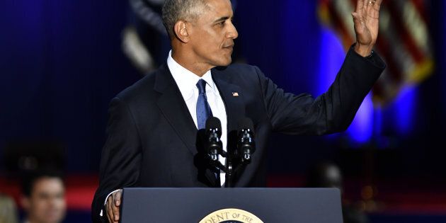 U.S. President Barack Obama waves during his farewell address in Chicago, Illinois, U.S., on Tuesday, Jan. 10, 2017. Obama blasted 'zero-sum' politics as he drew a sharp contrast with his successor in his farewell address Tuesday night, acknowledging that despite his historic election eight years ago his vision for the country will exit the White House with him. Photographer: Christopher Dilts/Bloomberg via Getty Images