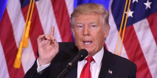 US President-elect Donald Trump gives a press conference January 11, 2017 in New York.Donald Trump is holding his first news conference in nearly six months Wednesday, amid explosive allegations over his ties to Russia, a little more than a week before his inauguration. / AFP / DON EMMERT (Photo credit should read DON EMMERT/AFP/Getty Images)