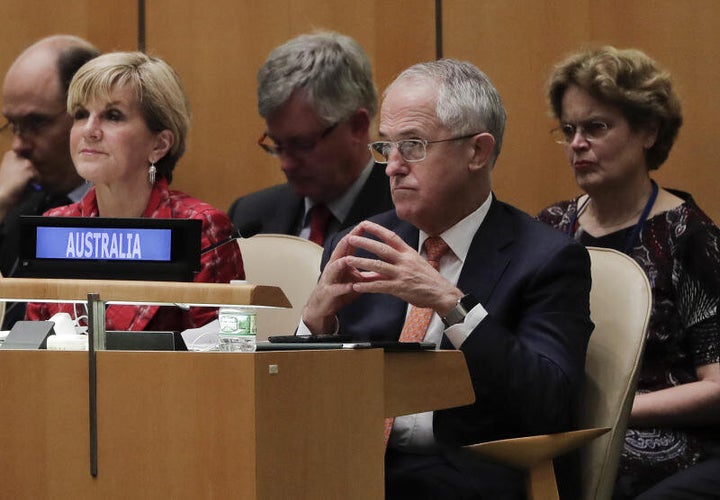 Foreign Minister Julie Bishop and Prime Minister Malcolm Turnbull listens during the 71st session of the United Nations General Assembly.