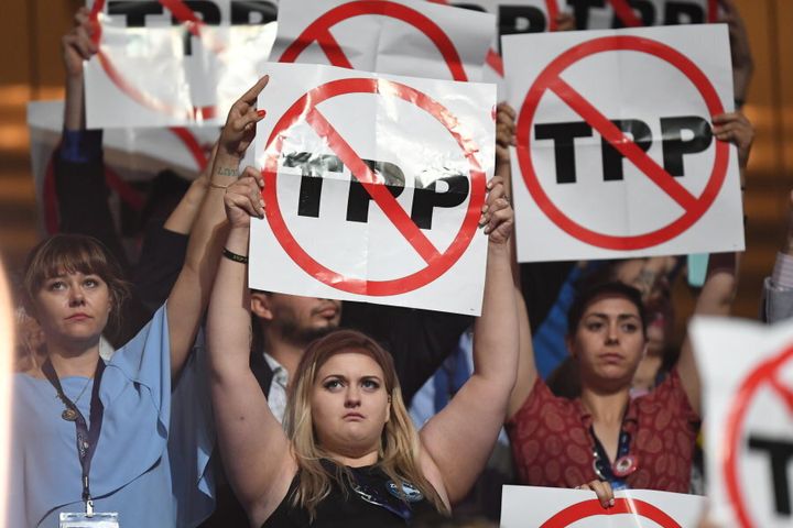 The Trans Pacific Partnership is unpopular among U.S. Democrats as well as the Republican party. This image shows protesters stating their position during the first day of the Democratic National Convention in Philadelphia on Monday, July 25, 2016.
