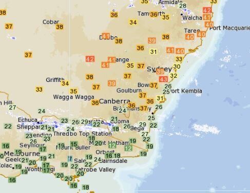 Oh, Melbourne, you're so cool compared to Sydney. Literally. Apart from that, this map illustrates well the temperature discrepancies between coastal Sydney and suburbs in the city's west.