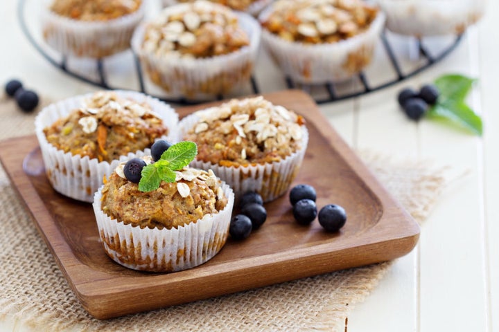 Banana carrot muffins with oats and berries are a winner.