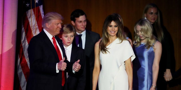 NEW YORK, NY - NOVEMBER 09: Republican president-elect Donald Trump acknowledges the crowd along with his son (L-R) Barron Trump, wife Melania Trump, Jared Kushner and Tiffany Trump during his election night event at the New York Hilton Midtown in the early morning hours of November 9, 2016 in New York City. Donald Trump defeated Democratic presidential nominee Hillary Clinton to become the 45th president of the United States. (Photo by Mark Wilson/Getty Images)