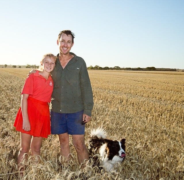 Farmer Bob Nixon with daughter Isabelle and Jimmy the legendary farm dog.