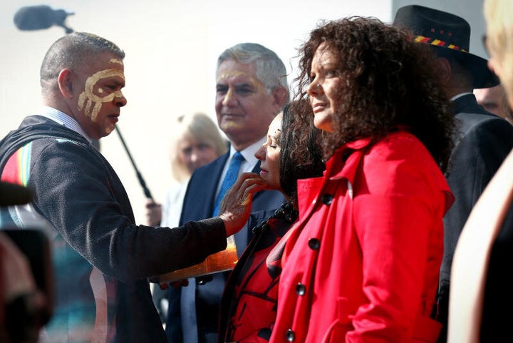 Ken Wyatt, Linda Burney and Malarndirri McCarthy during the smoking ceremony at the welcome to country on of the 45th Parliament