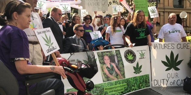 Protesters gather outside NSW parliament to call for better access to medicinal cannabis.