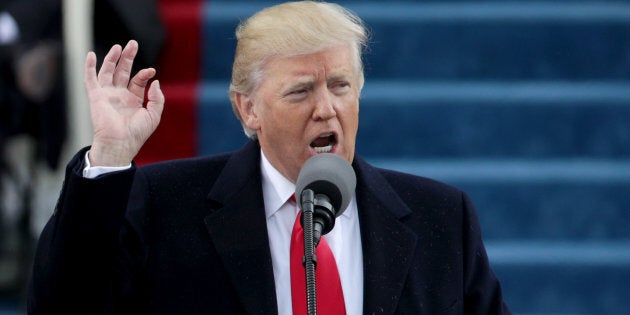 A policeman stands guard during the televised inauguration of Donald Trump as the 45th president of the United States, Jan. 20, 2017, in New York City.