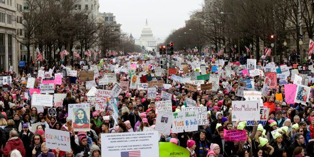 WASHINGTON, DC - JANUARY 21: Protestors make their way to the rally at the Women's March On Washington on January 21, 2017 in Washington, DC. (Photo by Tasos Katopodis/Getty Images)