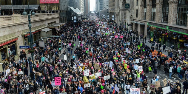 People participating in a Women's March to protest against U.S. President Donald Trump fill up 42nd St. in New York City, U.S. January 21, 2017. REUTERS/Stephanie Keith