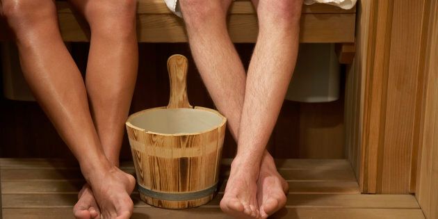 Two Men in a Sauna --- Image by ï¿½ Royalty-Free/Corbis
