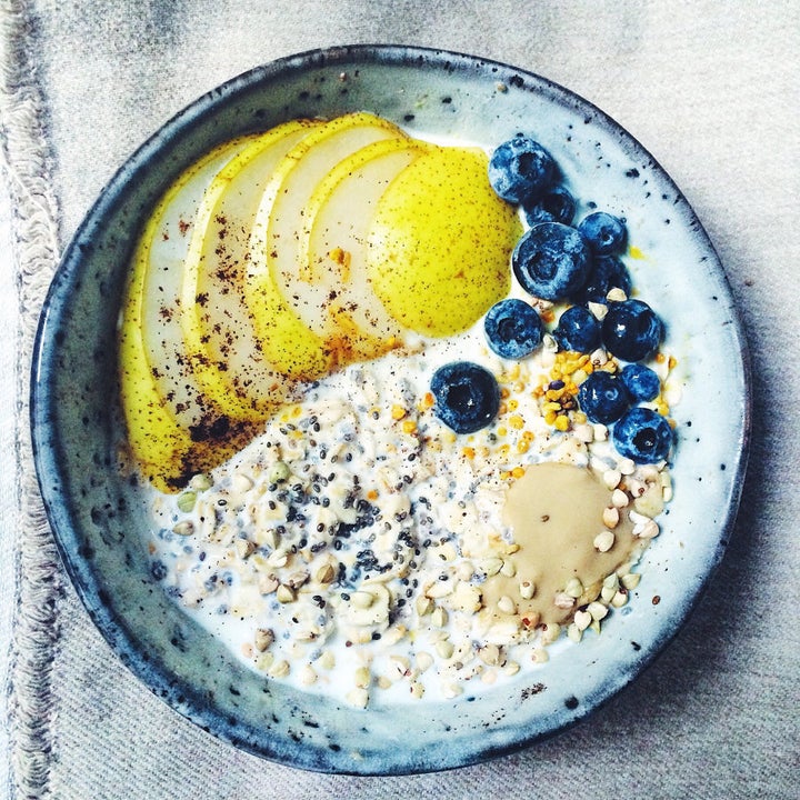 Remember the three keys: carbs (oats, buckwheat), protein (yoghurt, chia seeds), and fat (tahini, nut, seeds).