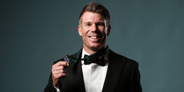 SYDNEY, AUSTRALIA - JANUARY 23: David Warner poses after winning the Allan Border Medal during the 2017 Allan Border Medal at The Star on January 23, 2017 in Sydney, Australia. (Photo by Mark Metcalfe/Getty Images)