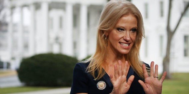 WASHINGTON, DC - JANUARY 22: Counselor to President, Kellyanne Conway, prepares to appear on the Sunday morning show Meet The Press, from the north lawn at the White House, January 22, 2017 in Washington, DC. Conway discussed President Trump's recent visit to the CIA and White House Press Secretary Sean Spicer's first statement. (Photo by Mark Wilson/Getty Images)