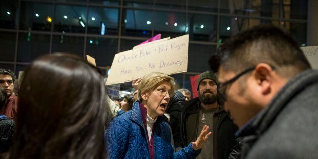 BOSTON, MA - JANUARY 28: U.S. Senator Elizabeth Warren speaks at a demonstration against the new ban on immigration issued by President Donald Trump at Logan International Airport on January 28, 2017 in Boston, Massachusetts. President Trump signed an executive order that halted refugees and residents from predominantly Muslim countries from entering the United States. (Photo by Scott Eisen/Getty Images)