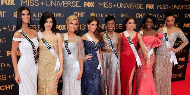 Miss Universe candidates pose for a picture during a red carpet inside a SMX convention in metro Manila, Philippines January 29, 2017. In Photo from L-R: Miss Dominican Republic Rosalba Garcías, Miss Croatia Barbara Filipovic, Miss Denmark Christina Mikkelsen, Miss France Iris Mittenaere, Miss British Virgin Islands Erika Creque, Miss Belize Rebecca Rath, Miss Angola Luísa Baptista and Miss Brazil Raissa Santana. REUTERS/Romeo Ranoco