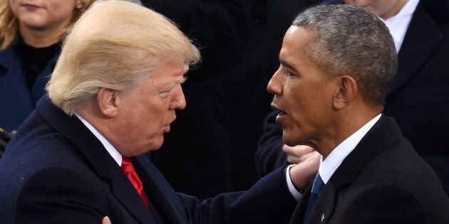 WASHINGTON, Jan. 20, 2017 : U.S. President Donald Trump(L, front) is greeted by former U.S. President Barack Obama after delivering his inaugural address during the presidential inauguration ceremony at the U.S. Capitol in Washington D.C., the United States, on Jan. 20, 2017. Donald Trump was sworn in on Friday as the 45th president of the United States. (Xinhua/Yin Bogu via Getty Images)
