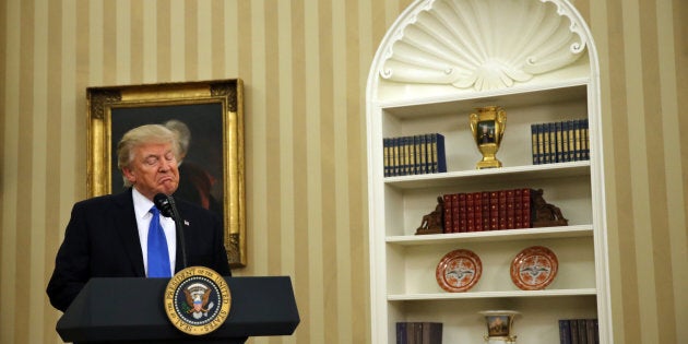 U.S. President Donald Trump speaks during the swearing-in ceremony for the new U.S. Secretary of State Rex Tillerson (not pictured) at the Oval Office of the White House in Washington, DC, U.S., February 1, 2017. REUTERS/Carlos Barria