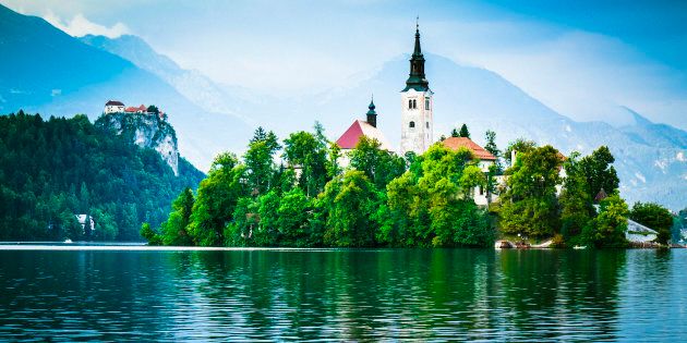 Santa Maria Church on the island on the Lake Bled (Blejsko jezero), lake in the Julian Alps in northwestern Slovenia is a very popular tourist destination.