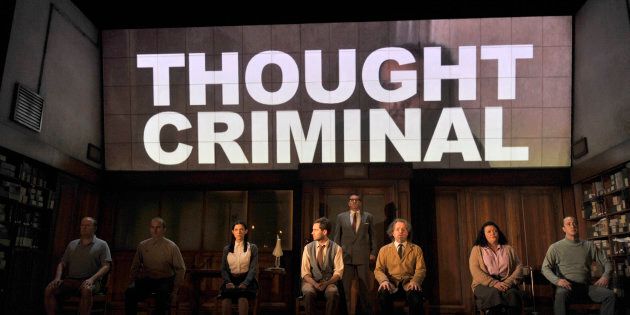 Artists of the company in Robert Icke and Duncan Macmillan's adaptation of George Orwell's 1984 directed by Robert Icke and Duncan Macmillan at the Playhouse Theatre in London. (Photo by robbie jack/Corbis via Getty Images)