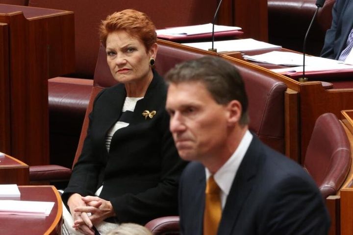 Pauline Hanson listening to Cory Bernardi announce his departure from the Liberal Party