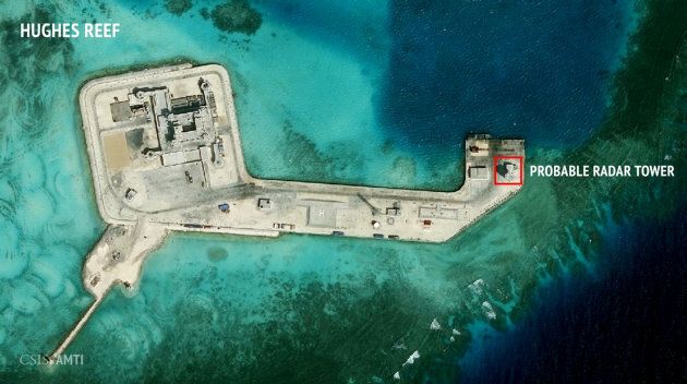 A satellite image released by the Asian Maritime Transparency Initiative at Washington's Center for Strategic and International Studies shows construction of possible radar tower facilities in the Spratly Islands in the disputed South China Sea in this image released on February 23, 2016.