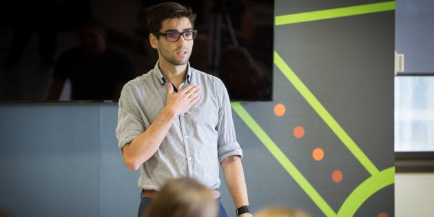 Robert Quinn, 26, addresses fellow entrepreneurs about his medical start up, Patch'd Medical-- it's a tech-heavy patch that monitor's people's vital signs.