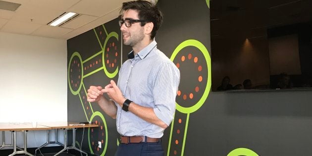 Robert Quinn addresses fellow entrepreneurs in Sydney about his start-up, Patch'd, which aims to allow patients to have their vital signs monitored with an electronic patch.