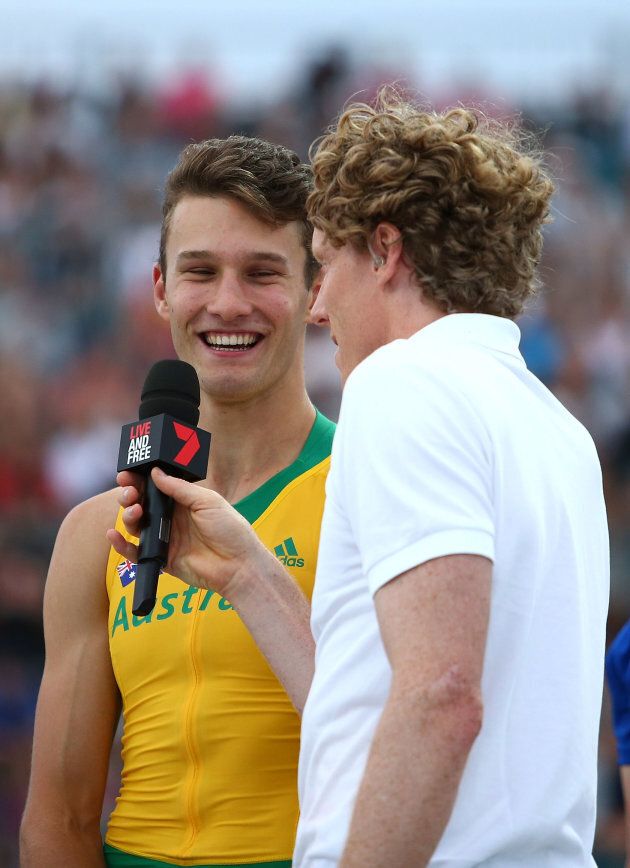 This is Australian pole vaulter Kurtis Marschall being interviewed by Steve Hooker, who knows a thing or two about pole vault and whose shirt was UNTUCKED even though the pic doesn't quite show it.