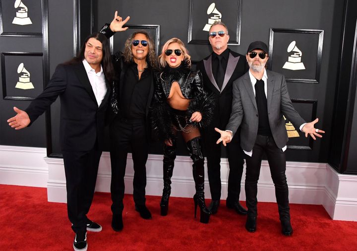 Musicians Robert Trujillo and Kirk Hammett of Metallica, Lady Gaga and James Hetfield and Lars Ulrich of Metallica.