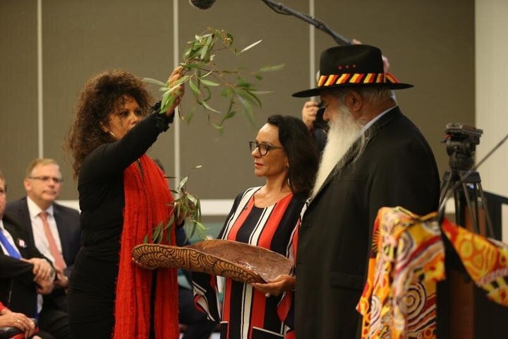 Linda Burney, Senator Malarndirri McCarthy and Senator Pat Dodson welcomed Opposition Leader Bill Shorten to the ALP caucus meeting