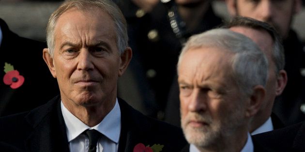 Former British prime minister Tony Blair (L) and Britain's opposition Labour Party Leader Jeremy Corbyn take part in the Remembrance Sunday ceremony at the Cenotaph on Whitehall, London, on November 13, 2016.Services are held annually across Commonwealth countries during Remembrance Day to commemorate servicemen and women who have fallen in the line of duty since World War I. / AFP / JUSTIN TALLIS (Photo credit should read JUSTIN TALLIS/AFP/Getty Images)