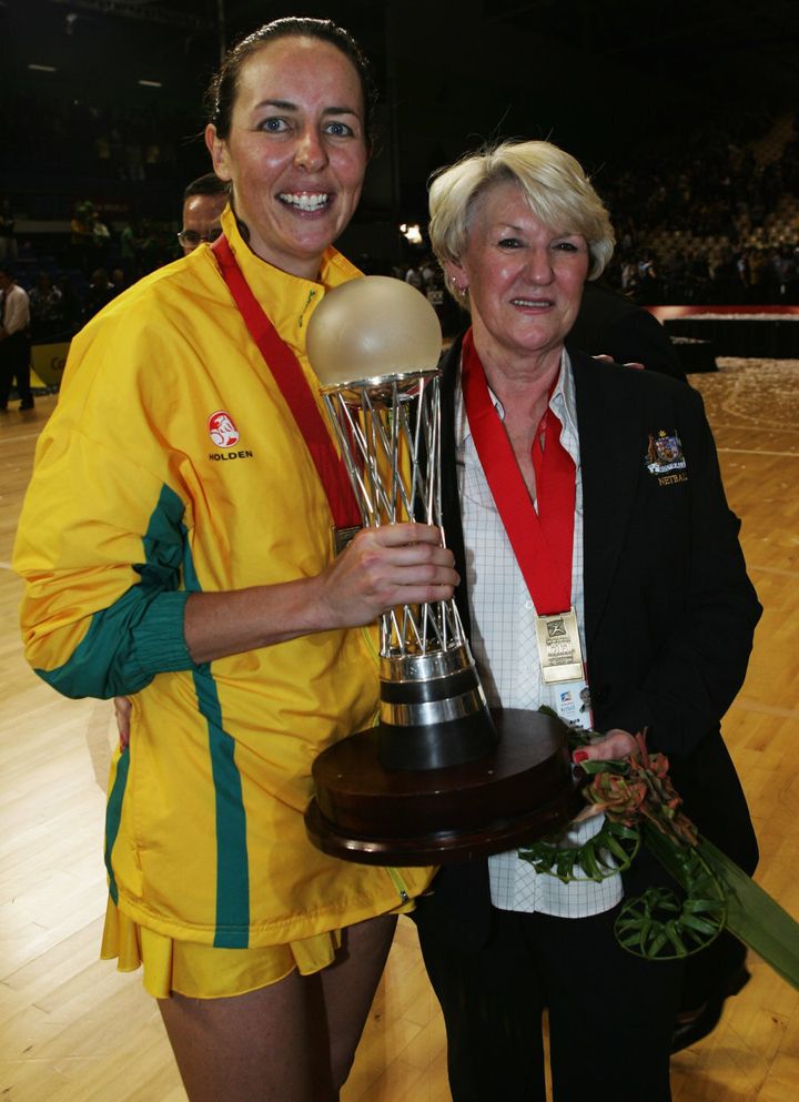 Former Australian netballer Liz Ellis with coach Norma Plummer after beating New Zealand in the Netball World Championships final in Auckland in November 2007.