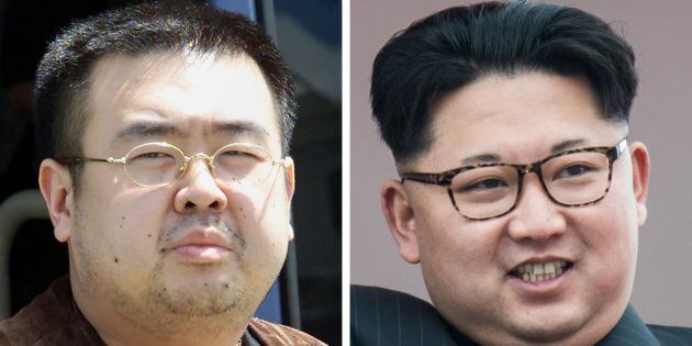 This combo shows a file photo (L) taken on May 4, 2001 of a man believed to be Kim Jong-Nam, son of the late-North Korean leader Kim Jong-Il, getting off a bus to board an All Nippon Airways plane at Narita airport near Tokyo and a file photo (R) of his half-brother, current North Korean leader Kim Jong-Un, on a balcony of the Grand People's Study House following a mass parade in Pyongyang on May 10, 2016.The half-brother of North Korean leader Kim Jong-Un, who has been murdered in Malaysia, pleaded for his life after a failed assassination bid in 2012, lawmakers briefed by South Korea's spy chief said on February 15, 2017. Jong-Nam, the eldest son of the late former leader Kim Jong-Il, was once seen as heir apparent but fell out of favour following an embarrassing botched bid in 2001 to enter Japan on a forged passport and visit Disneyland. / AFP / Toshifumi KITAMURA AND Ed JONES (Photo credit should read TOSHIFUMI KITAMURA,ED JONES/AFP/Getty Images)