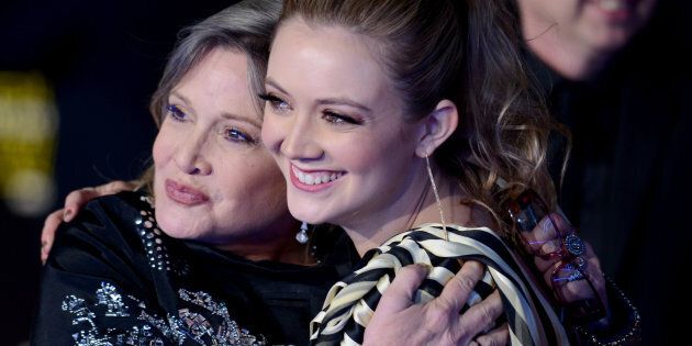 HOLLYWOOD, CA - DECEMBER 14: Actress Carrie Fisher and daughter/actress Billie Lourd arrive for the Premiere Of Walt Disney Pictures And Lucasfilm's 'Star Wars: The Force Awakens' held on December 14, 2015 in Hollywood, California. (Photo by Albert L. Ortega/Getty Images)