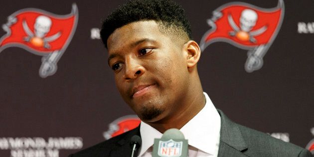 TAMPA, FL - JANUARY 1: Quarterback Jameis Winston #3 of the Tampa Bay Buccaneers attends a news conference after the game against the Carolina Panthers at Raymond James Stadium on January 1, 2017 in Tampa, Florida. The Buccaneers defeated the Panthers 17 to 16. (Photo by Don Juan Moore/Getty Images)