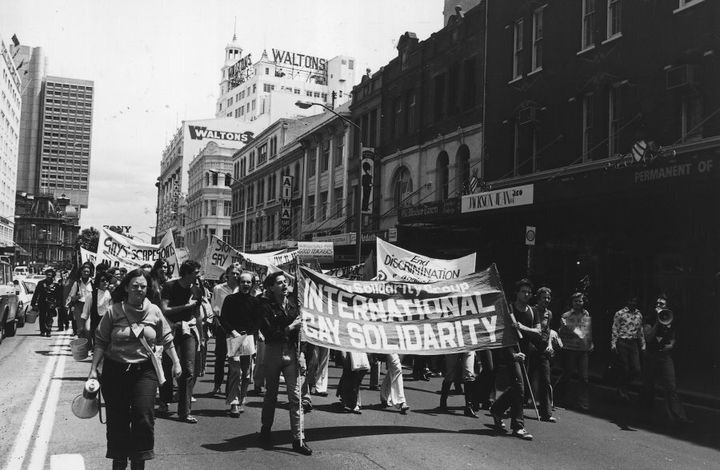 Homosexuals demonstrate in what would evolve into the Sydney Gay and Lesbian Mardi Gras, 1978.