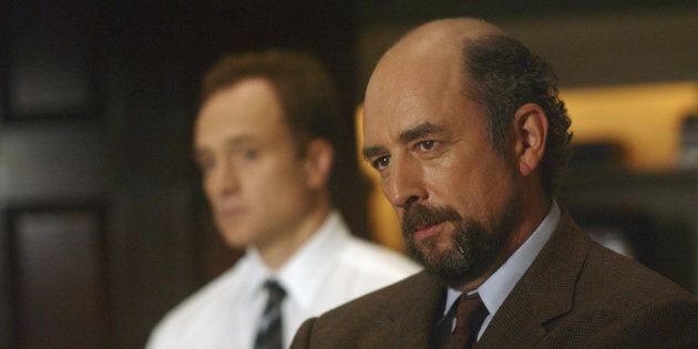 THE WEST WING -- 'The Hubbert Peak' Episode 5 -- Aired 11/17/04 -- Pictured: (l-r) Bradley Whitford as Josh Lyman, Richard Schiff as Toby Ziegler (Photo by Ron Jaffe/NBC/NBCU Photo Bank via Getty Images)