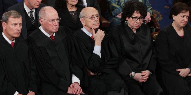 WASHINGTON, DC - FEBRUARY 28: (L-R) Supreme Court Chief Justice John Roberts, Supreme Court Associate Justice Anthony Kennedy, Supreme Court Associate Justice Stephen Breyer, Supreme Court Associate Justice Sonia Sotomayor and Supreme Court Associate Justice Elena Kagan look on as U.S. President Donald Trump addresses a joint session of the U.S. Congress on February 28, 2017 in the House chamber of the U.S. Capitol in Washington, DC. Trump's first address to Congress focused on national security, tax and regulatory reform, the economy, and healthcare. (Photo by Alex Wong/Getty Images)