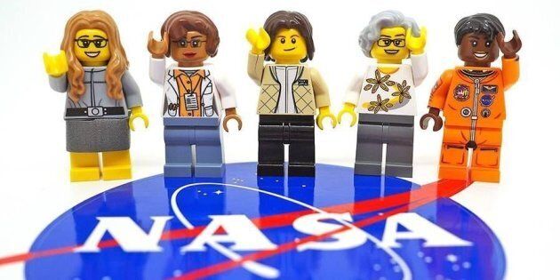 The set depicts, from left, computer scientist Margaret Hamilton, mathematician Katherine Johnson, astronaut Sally Ride, astronomer and executive Nancy Grace Roman and astronaut Mae Jemison.