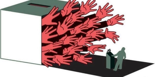 A political cartoon depicting democracy at odds with elites.
