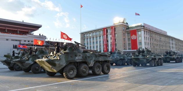 The North Korean military parades in this undated photo released by North Korea's Korean Central News Agency on Oct. 12, 2015.