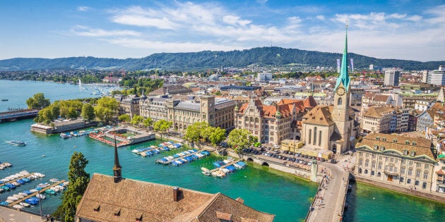 Aerial view of Zürich city center with famous Fraumünster Church and river Limmat at Lake Zurich from Grossmünster Church, Canton of Zürich, Switzerland.