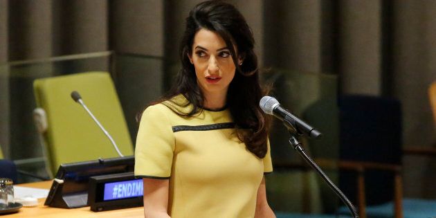 Amal Clooney Legal Representative for Nadia Murad and other Yazidi survivors, speaks at 'The Fight against Impunity for Atrocities: Bringing Da'esh to Justice' at the United Nations Headaquarters on March 9, 2017 in New York. / AFP PHOTO / KENA BETANCUR (Photo credit should read KENA BETANCUR/AFP/Getty Images)