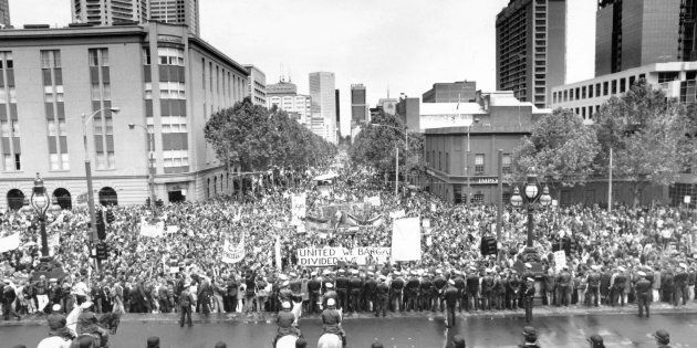 Here are some people taking unlawful industrial action (breaking 'unjust laws') during Victoria's day of protest in 1992.